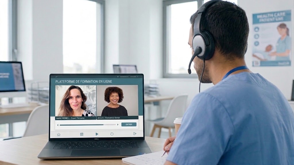 Un soignant suit la formation en ligne, casque sur les oreilles, devant la plateforme e-learning